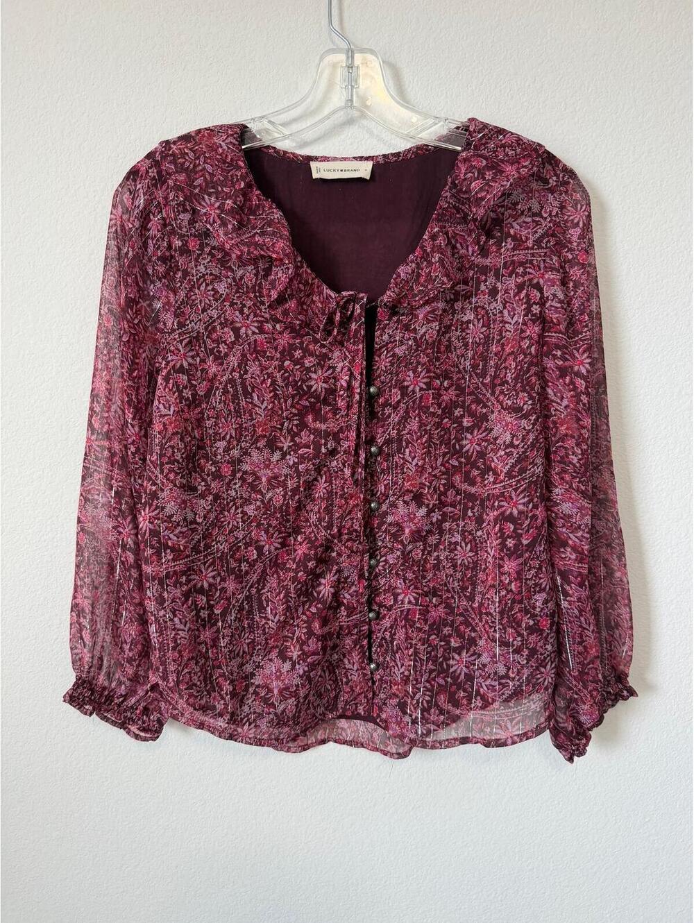 Lucky Brand Long Sleeve Ruffled Neck Button Front Floral Blouse Women's Size S